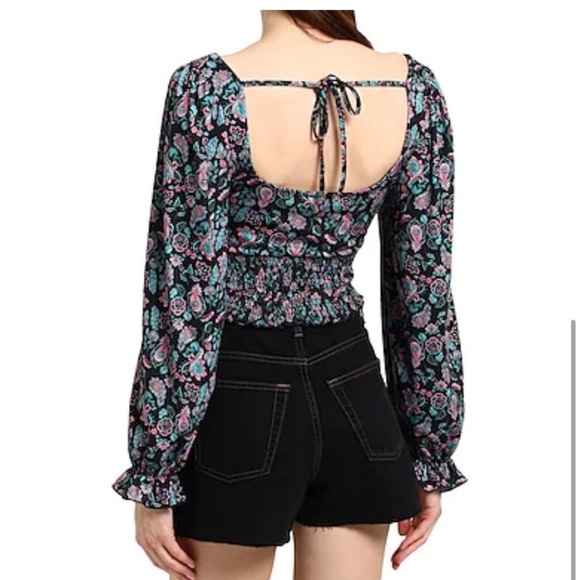 TopShop Crop Smocked Square Neck Floral Print Blouse Multicolor//size 4-6 - Picture 1 of 6